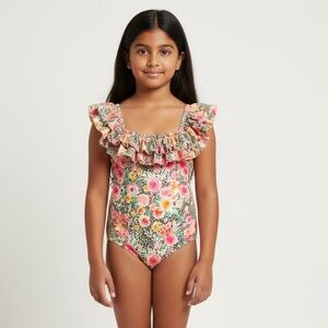 Mia Belle Girls 7/8 Youth swimsuit. NWT. One piece ruffle top. Pink flor…